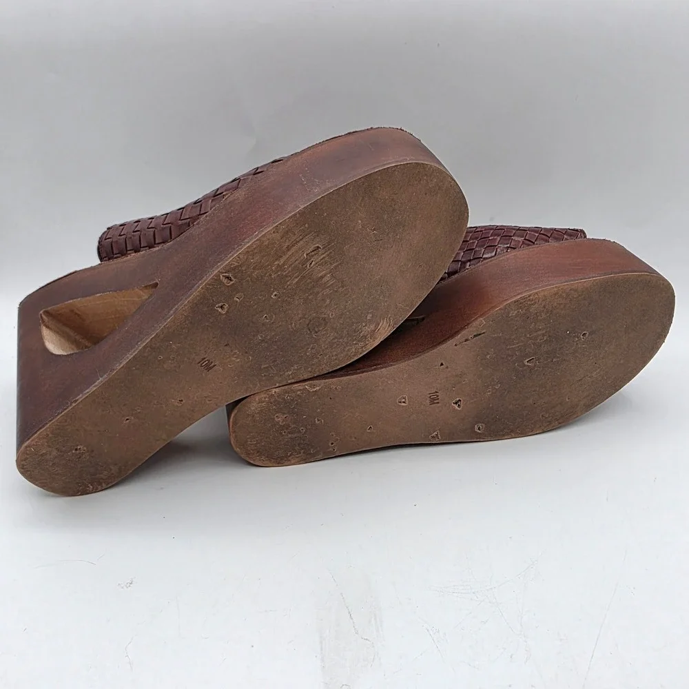 Jeffrey Campbell Comeback Woven Leather Platform Wedge Mules Cognac Brown 10M